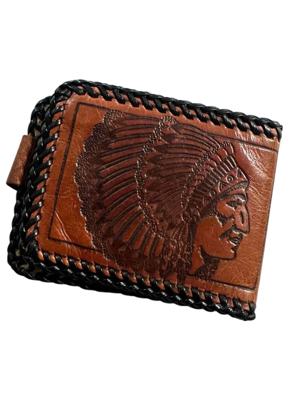 Vintage Men's Brown Hand Tooled Leather Native American Bi-fold Wallet OS